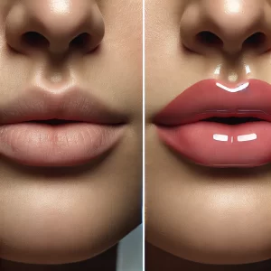 مقایسه قبل و بعد از تزریق ژل لب برای نمایش عوارض موقتی