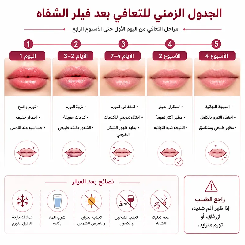 مراحل التعافي بعد فيلر الشفاه من اليوم الأول حتى الأسبوع الرابع