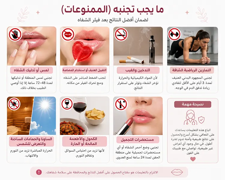 **Alt Text:** إنفوجرافيك عربي يوضح الممنوعات بعد فيلر الشفاه لضمان التعافي والنتائج المثالية.