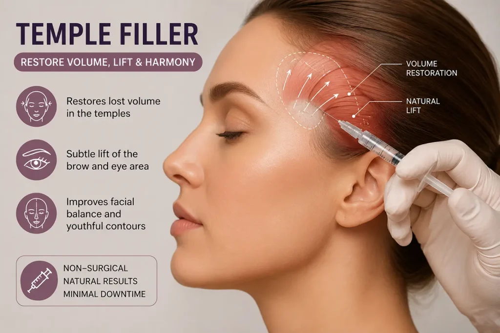 Temple filler injection restoring volume to hollow temples for a natural brow lift and improved facial harmony